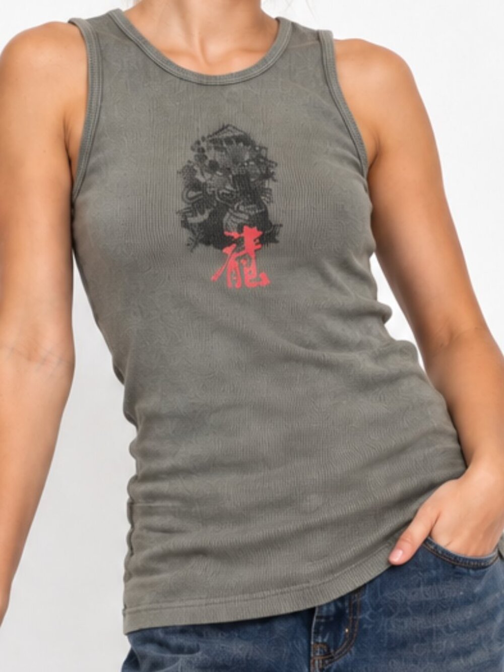 Utility Dark Olive Ribbed Graphic Tank Top Dragon Women's L USA